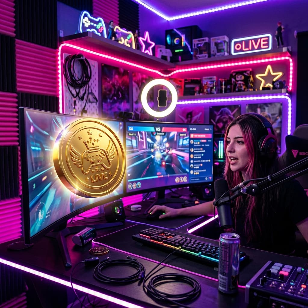 Streamer room with glowing gold coin
